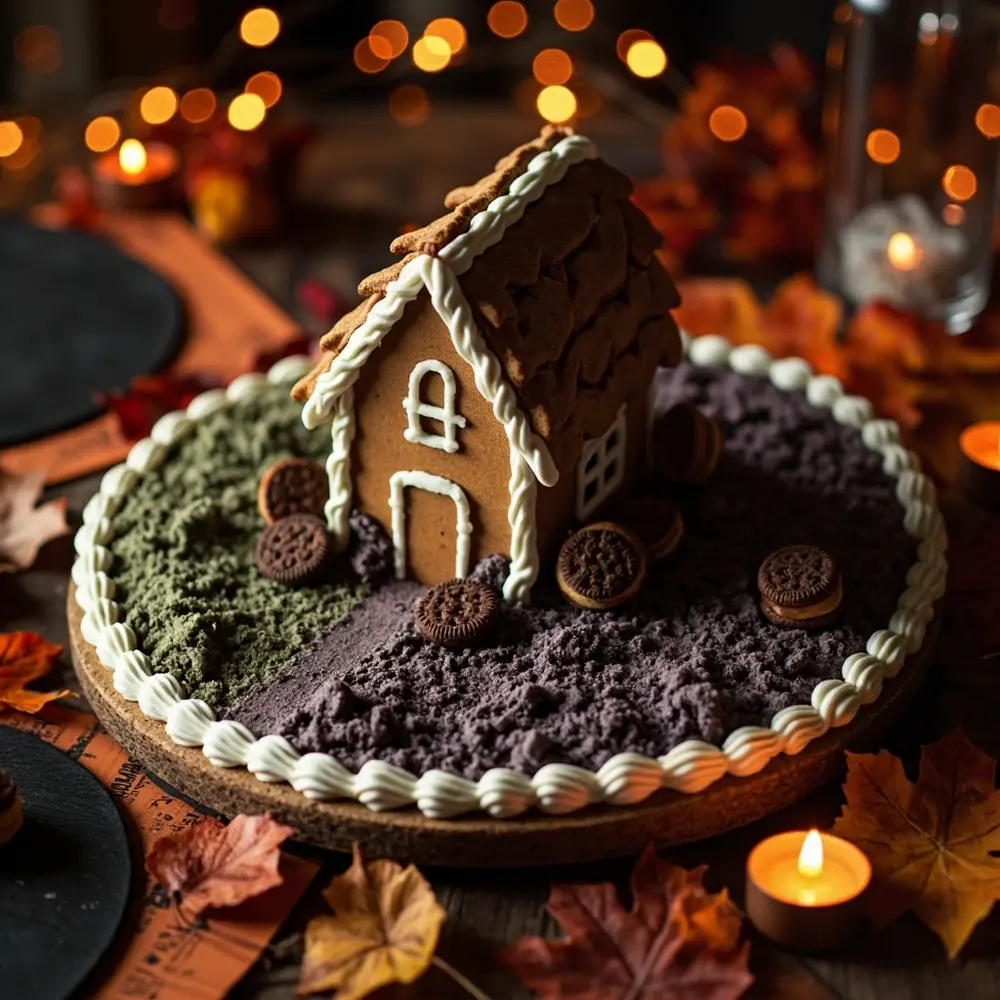 Recipe: How to Build Creepy-Cute DIY Haunted Gingerbread Houses 4 Image-4: The fully assembled gingerbread house structure is shown securely attached to its cardboard base, with spooky green icing spread around it as a “lawn.”