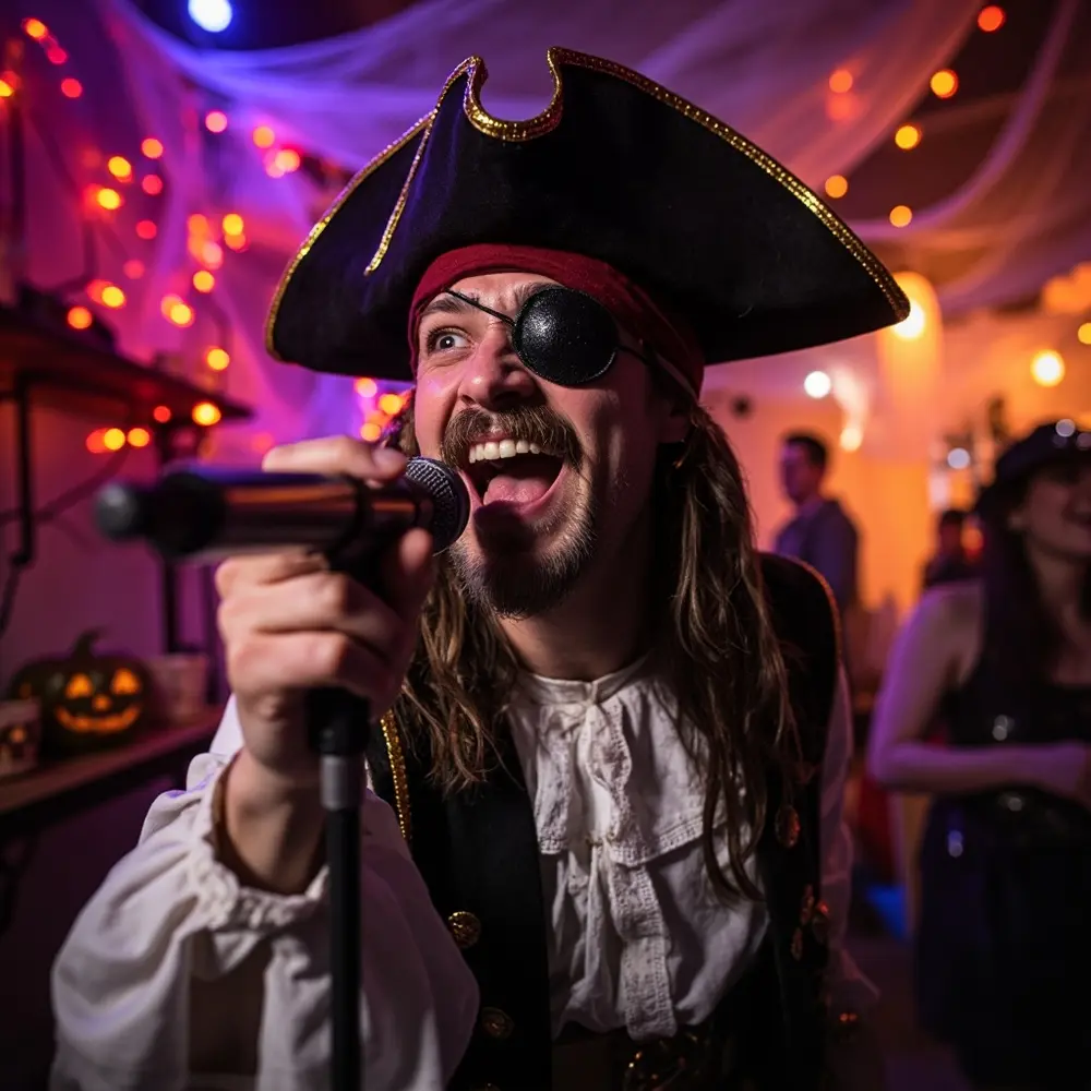A Guide to Hosting "Costume Karaoke" at Your Next Party 4 Glow them the smile singing up guest holding create face a close huge around on and h3 of party in their with costume image shot 4 colorful joyful dynamic pirate microphone lights