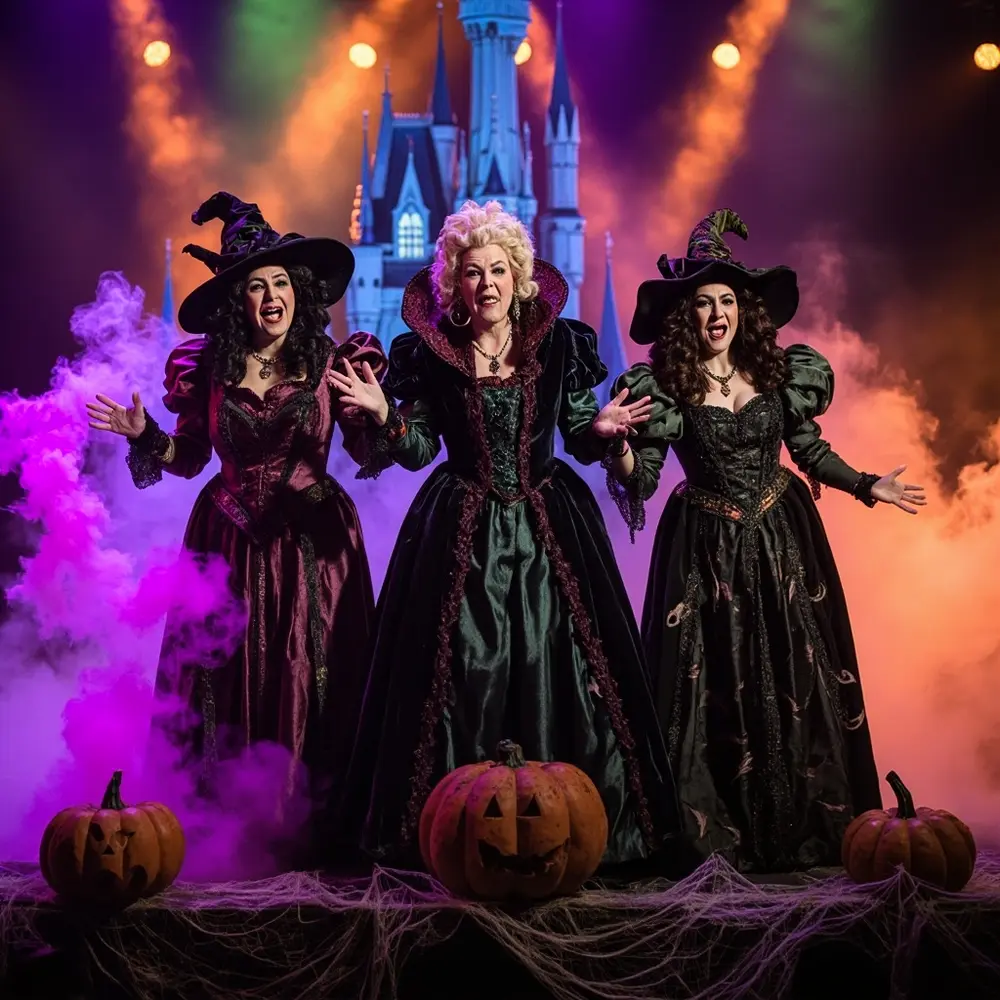 Your Complete Guide to Mickey's Not-So-Scary Halloween Party at Disney World 4 Surrounded spelltacular the stage smoke hocus theatrical a sanderson castle pocus on and during h3 of villain photo image 4 by colorful dynamic sisters lights