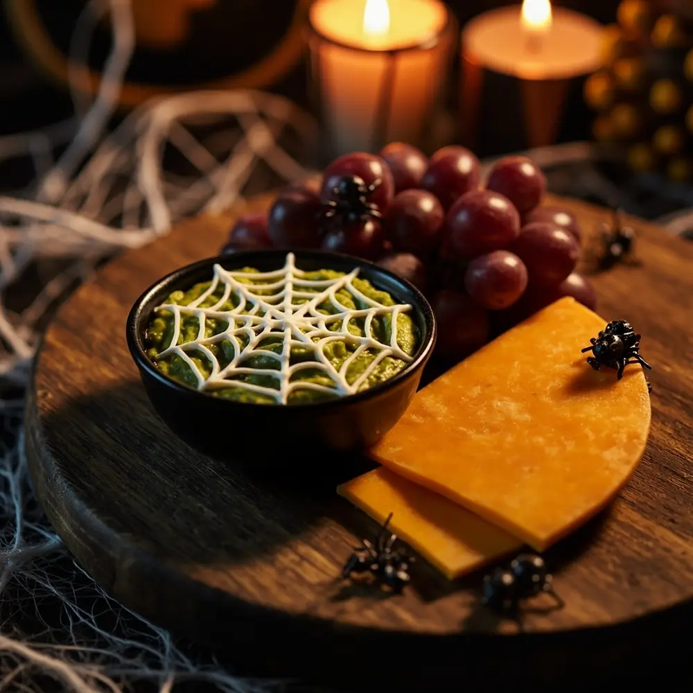 How to Create an Instagram-Worthy Haunted Snack Board 4 Image-4: A close-up shot of the serving board with just the main anchor items placed: a small bowl of guacamole with a sour cream “spiderweb” design, a large wedge of orange cheddar, and a cluster of purple grapes.