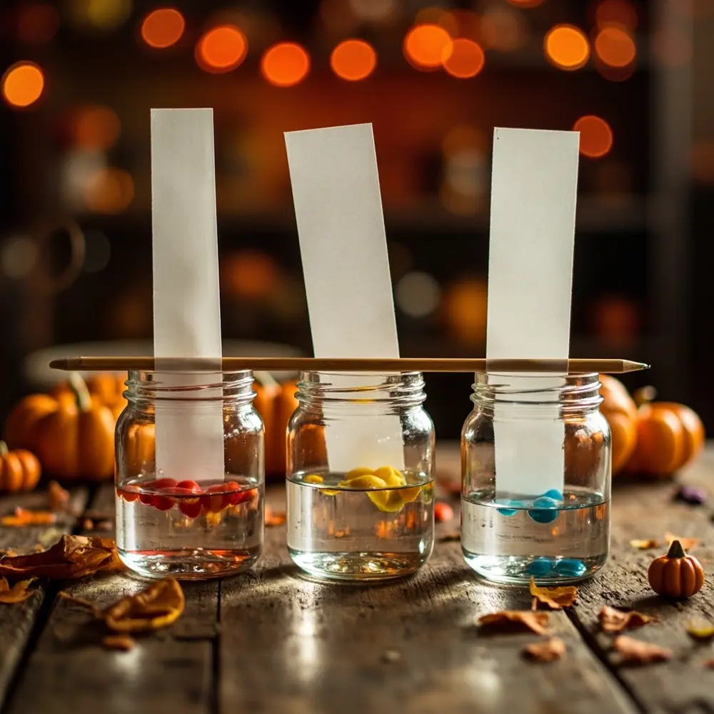 How to Explore Candy Color Chromatography with Halloween Candy 4 Side resting while level view each the lined well water shows up strip dot has hanging clear top a glasses clearly paper colored on three above h3 is of with photo touching image 4 strong bottom pencil down