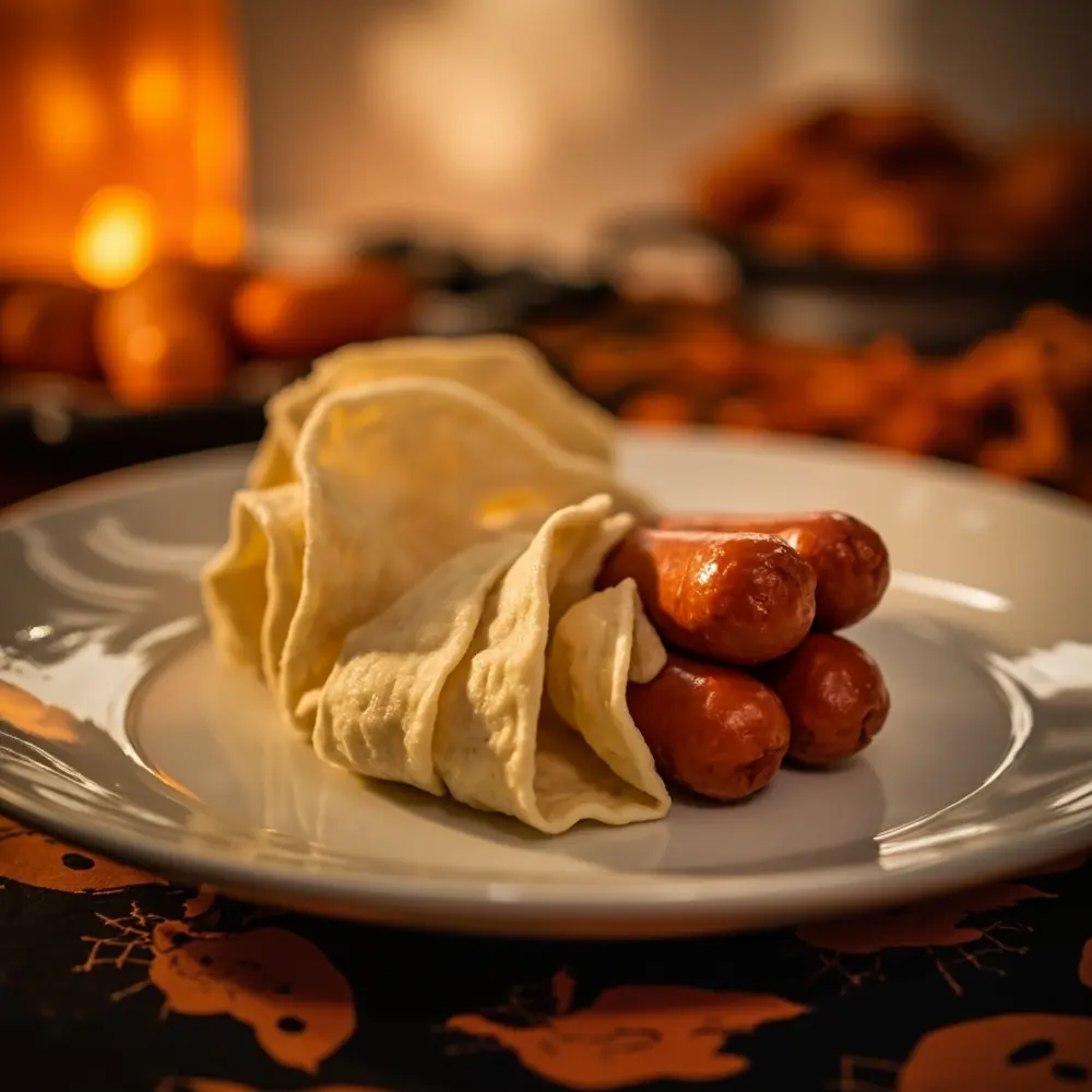 Recipe: How to Make Spooky and Delicious Mummy Dogs 4 Image-4: A close-up shot of the thin strips of dough laid out next to the dried hot dogs, ready for wrapping.