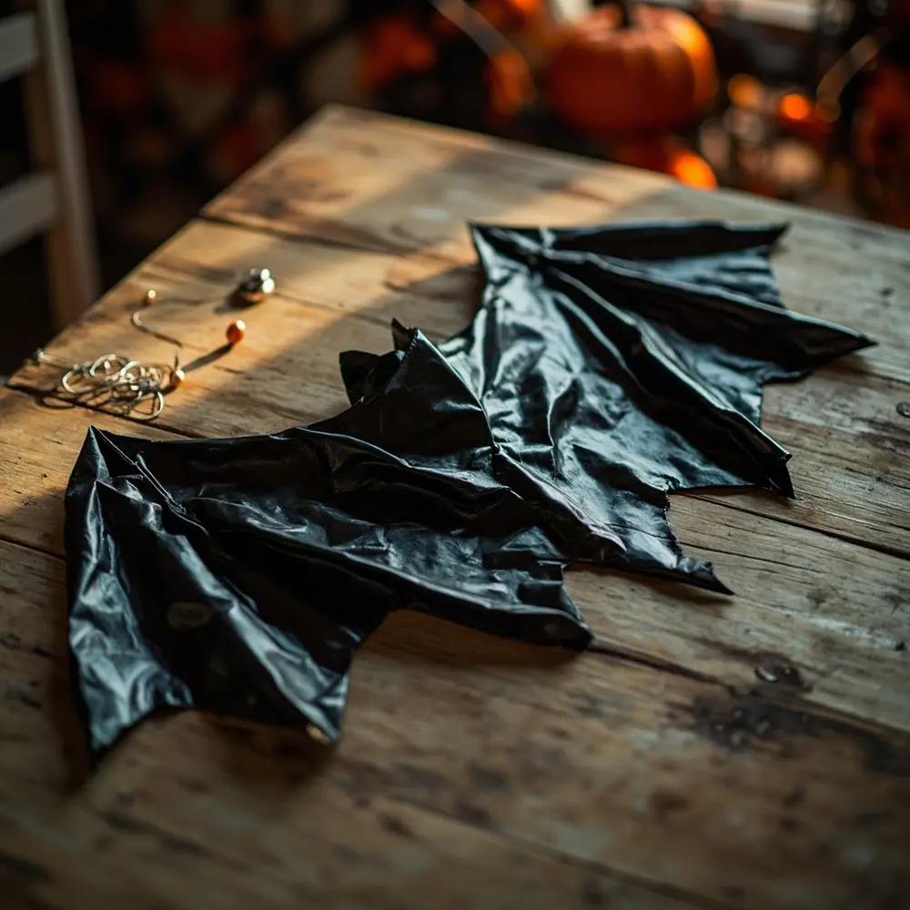 A Parent's Guide to Making DIY Bat Wings and Masks 4 Image-4: A photo of the cut-out material being unfolded to reveal the full, symmetrical bat wing shape.