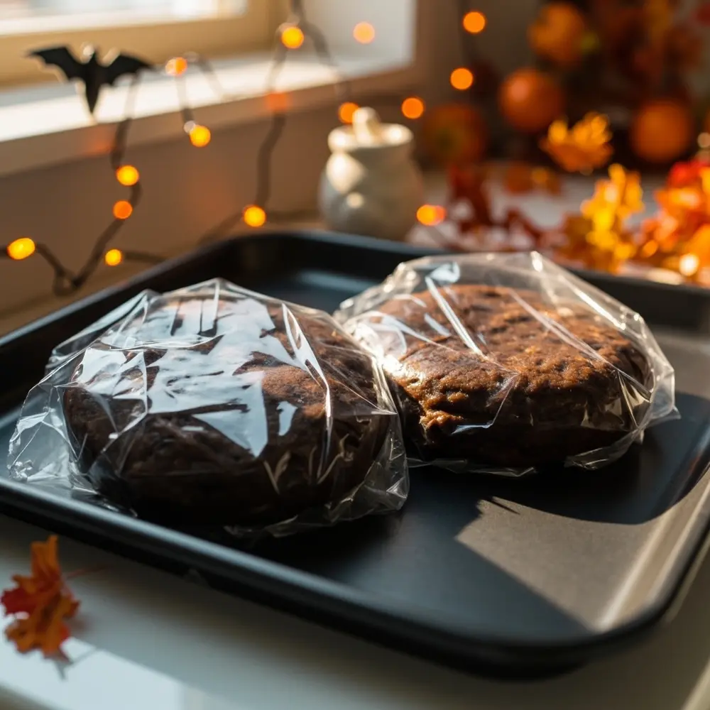 Recipe: Spiced Chocolate Bat Cookies for a Spooky Treat 4 Image-4: A shot of the two discs of dark chocolate cookie dough, wrapped in plastic, ready to go into the refrigerator.