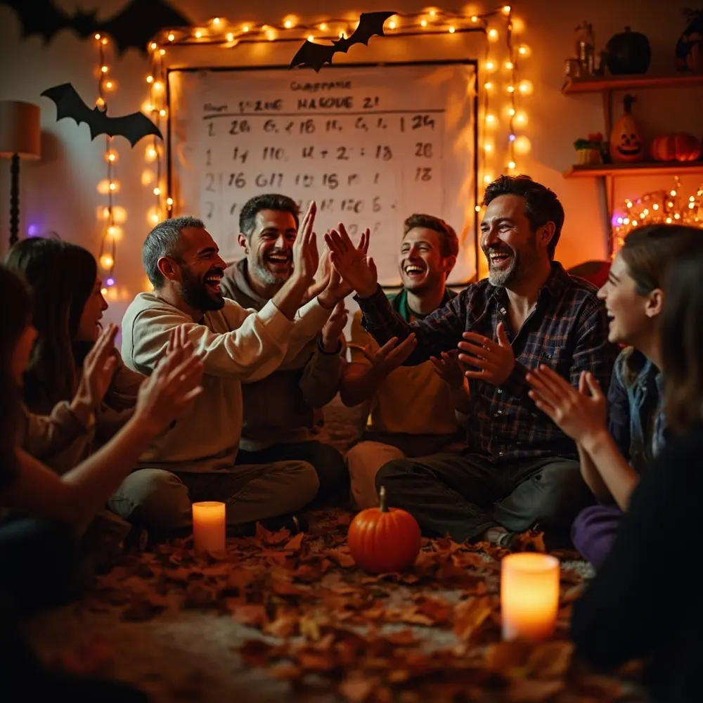 How to Host a Grown-Up Halloween Charades Night 5 Cheering while the wide scene showing smiling shows entire one claps good background a and h3 is party team in with fiving tally image other room shot 5 faces scoreboard high final filled naturedly