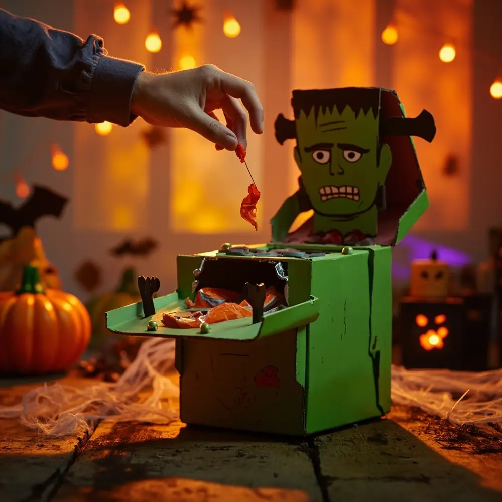 How to Engineer a Frankenstein-Themed Candy Dispenser 5 Decorated side the air showing lever pressing candy s frankenstein mid exits successfully a chute on h3 it is of piece as hand image shot 5 strong dispenser dynamic fully captured wrapped action 8217