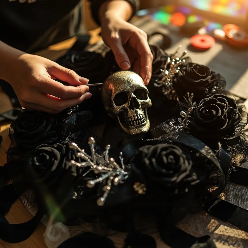 Image-5: An angled shot showing hands tucking smaller black faux roses and silver glitter branches into the mesh around the central skull, building up layers.