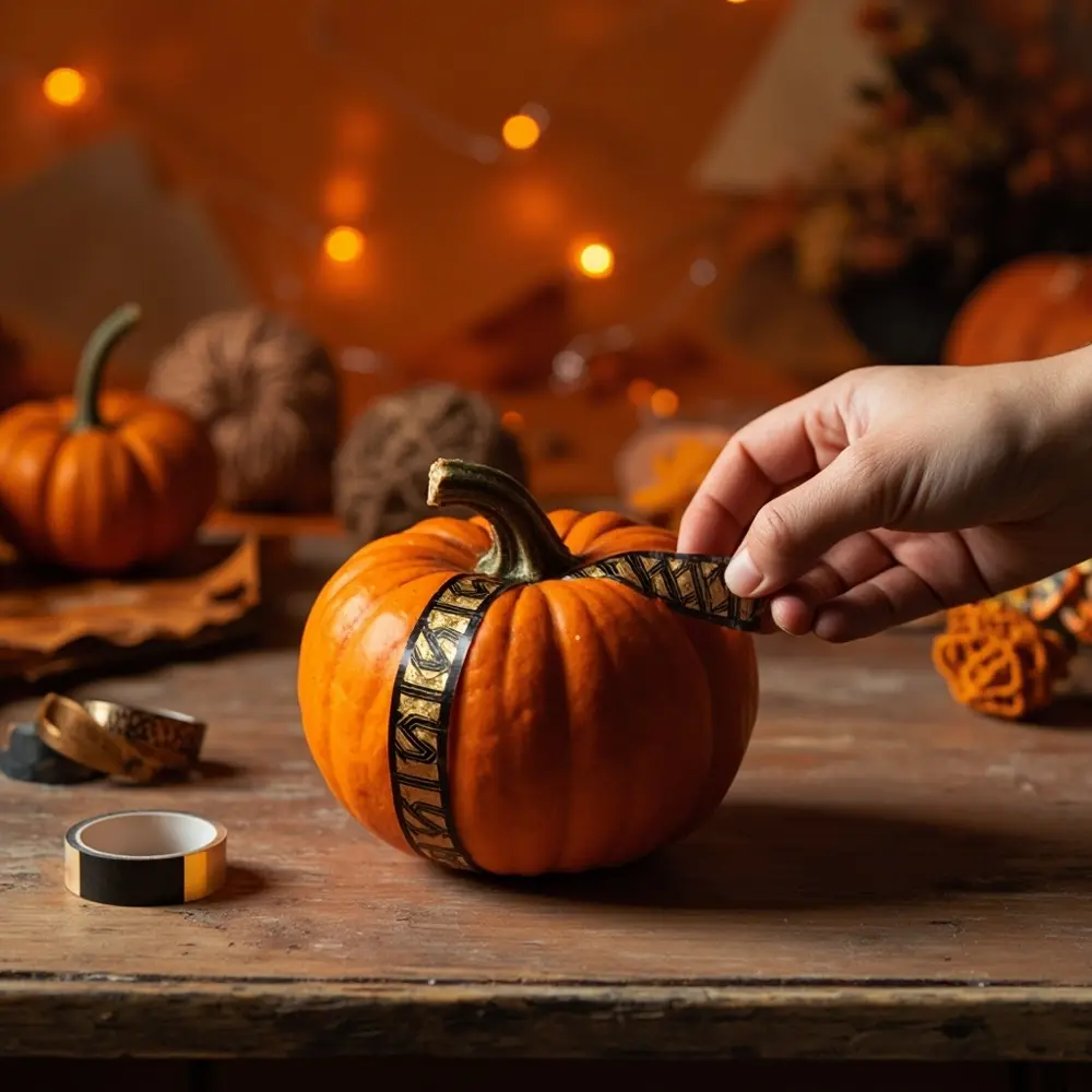 How to Decorate Pumpkins with Yarn, Paper, and Washi Tape 5 Image-5: A shot of a hand applying a strip of gold-and-black patterned washi tape vertically down the side of a pumpkin, creating a clean, geometric line.