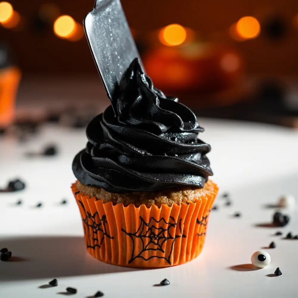 Recipe: How to Bake and Decorate Spooky Halloween Cupcakes 5 Image-5: A close-up, side-angle shot of a hand using an offset spatula to apply smooth black frosting onto a cupcake.