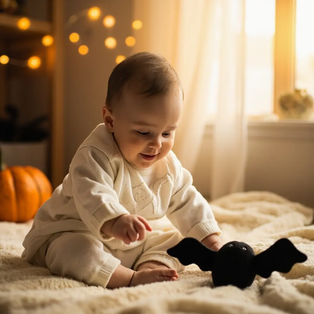 How to Celebrate Baby's First Halloween (Adorable Tips & Photo Ops!) 5 Bat baby halloween sweet nearby ghost out reaching a soft h3 to touch of in photo costume image curiously 5 placed felt
