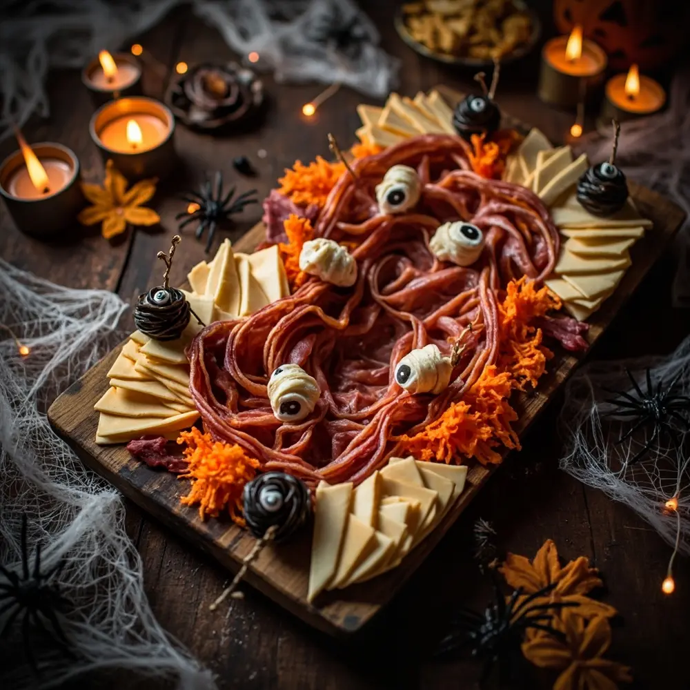 How to Create an Instagram-Worthy Haunted Snack Board 5 Image-5: A photo of the board about halfway complete. The “salami river” is visible, and themed snacks like mummy dogs and mozzarella eyeballs are tucked in around the anchor items.