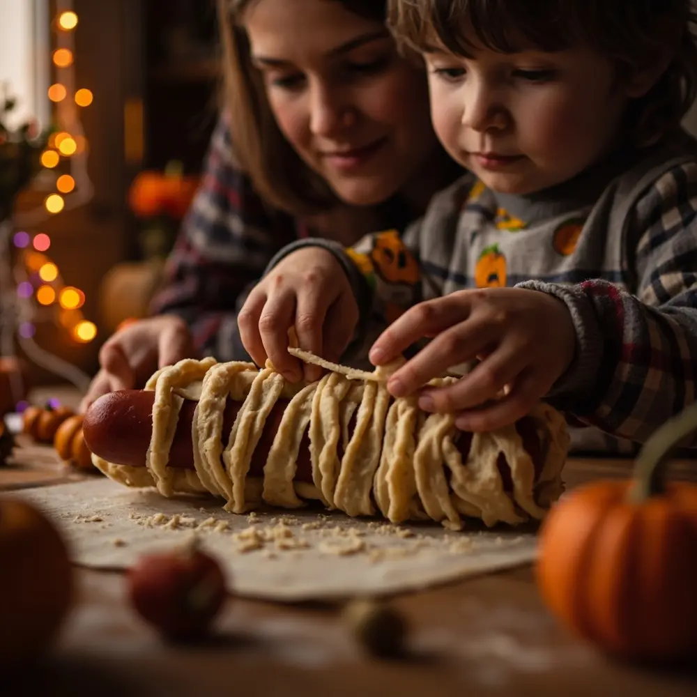 Recipe: How to Make Spooky and Delicious Mummy Dogs 5 Image-5: A child’s hands, guided by an adult’s, carefully wrapping a strip of crescent dough around a hot dog.