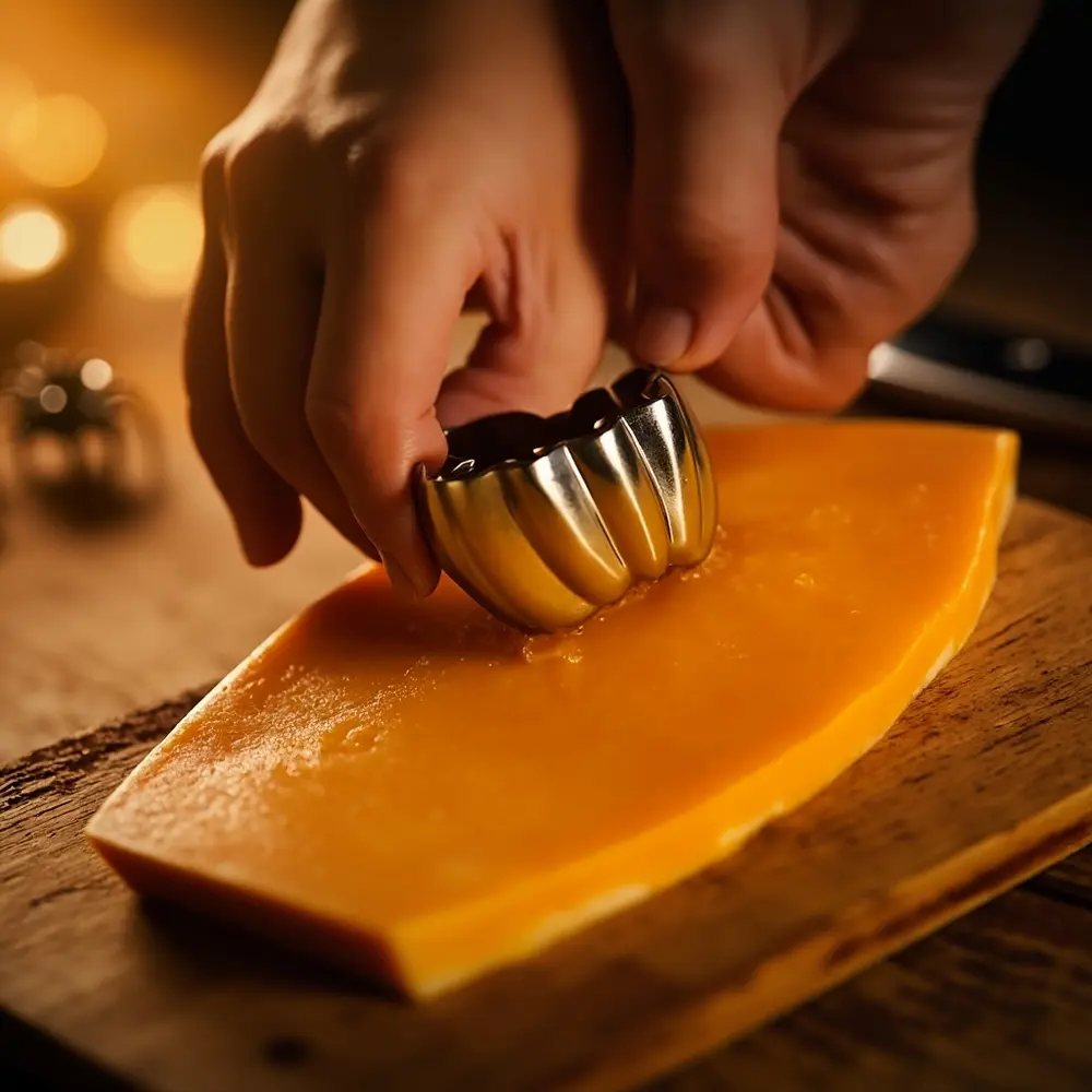 Fun with Food: Using Cookie Cutters for Pumpkin Shaped Cheese & Crackers 5 Image-5: A close-up action shot of a hand pressing a metal pumpkin cookie cutter into a bright orange slice of cheddar cheese.