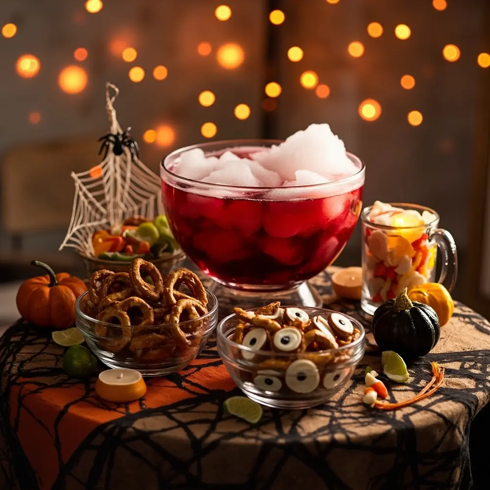 How to Host the Ultimate Halloween Movie Marathon Night (with Themed Snacks!) 5 Image-5: A closer view of the snack station, showing bowls of themed treats like “Monster Eyeball Pretzels” and a punch bowl filled with a spooky-colored drink.