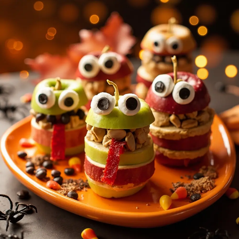The Ultimate Guide to Making Healthy Halloween Treats (Apple Monsters, Banana Ghosts) 4 Image-5: A photo showing a few completed apple monsters, each with different expressions. One has googly eyes, another has chocolate chip eyes, and one has a fruit leather tongue sticking out.