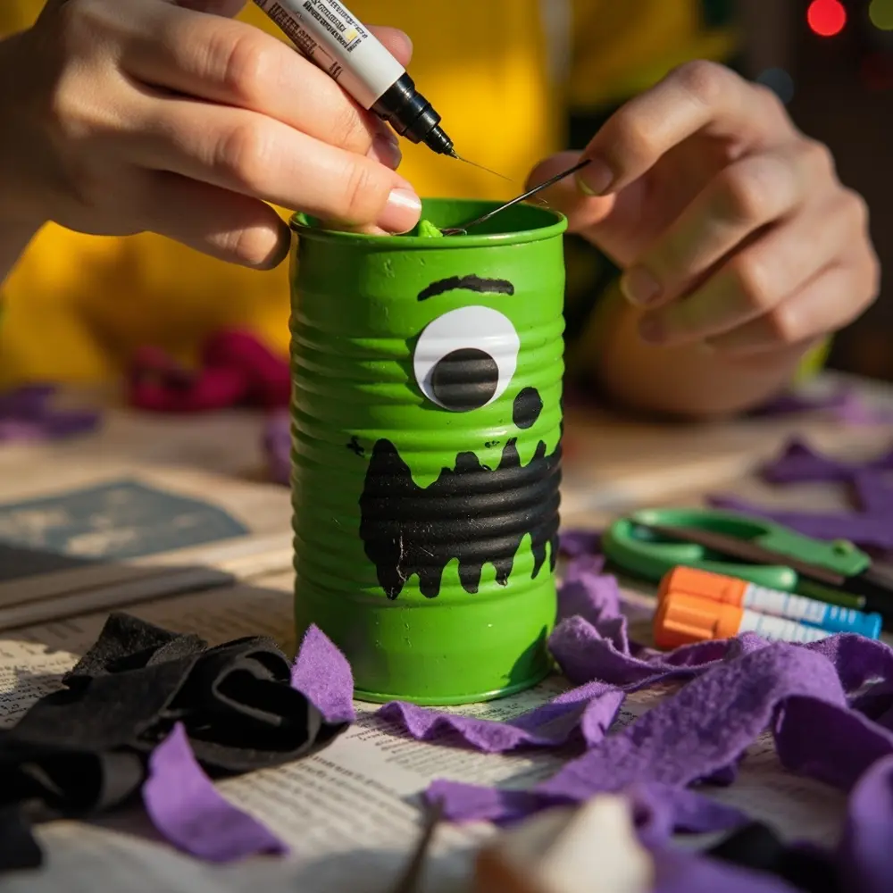 Eco-Friendly Fun: Creating Upcycled Halloween Decor from Cans and Jars 4 Image-5: A green-painted tin can being decorated. One hand is gluing on a large googly eye while the other holds a black marker, having already drawn a stitched mouth.