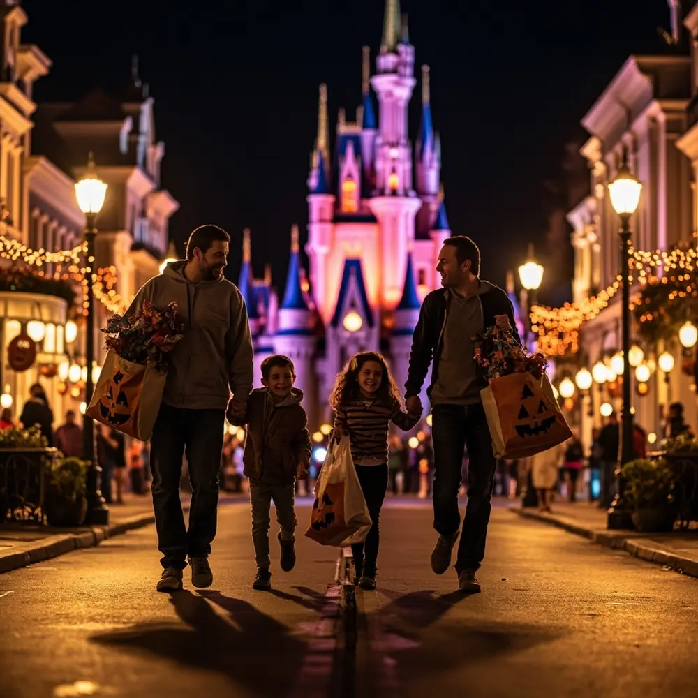 Your Complete Guide to Mickey's Not-So-Scary Halloween Party at Disney World 5 Illuminates happy kids the night lighting main overflowing candy u empty s holding out street nearly spooky a purple castle zoomed end bags and tired h3 family but of their at image slightly shot are 5 heartwarming faces walking down