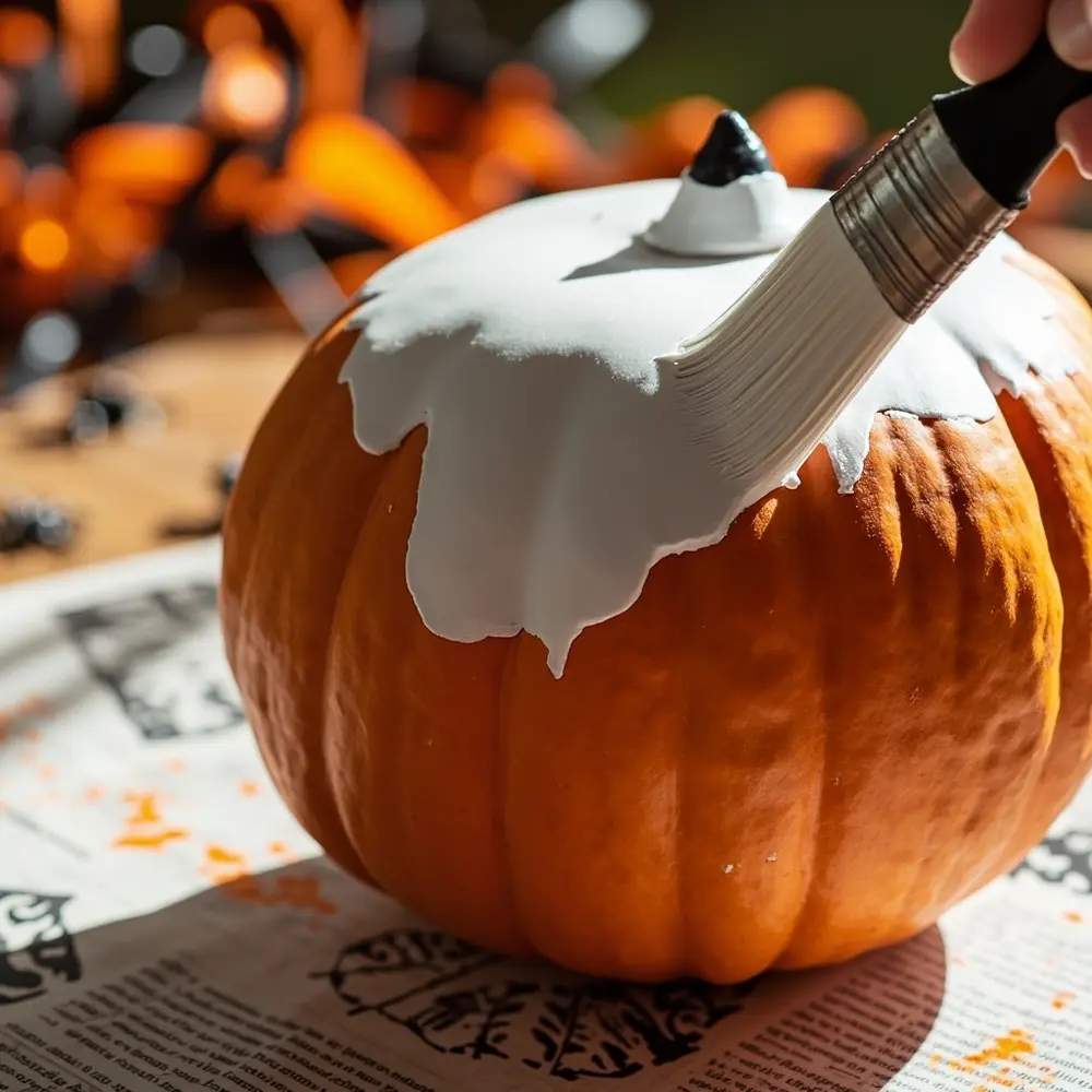 Your Guide to a No-Carve Pumpkin Painting Party 5 Image-5: A shot demonstrating a technique, like a foam brush being used to apply a smooth white base coat to a medium-sized pumpkin.