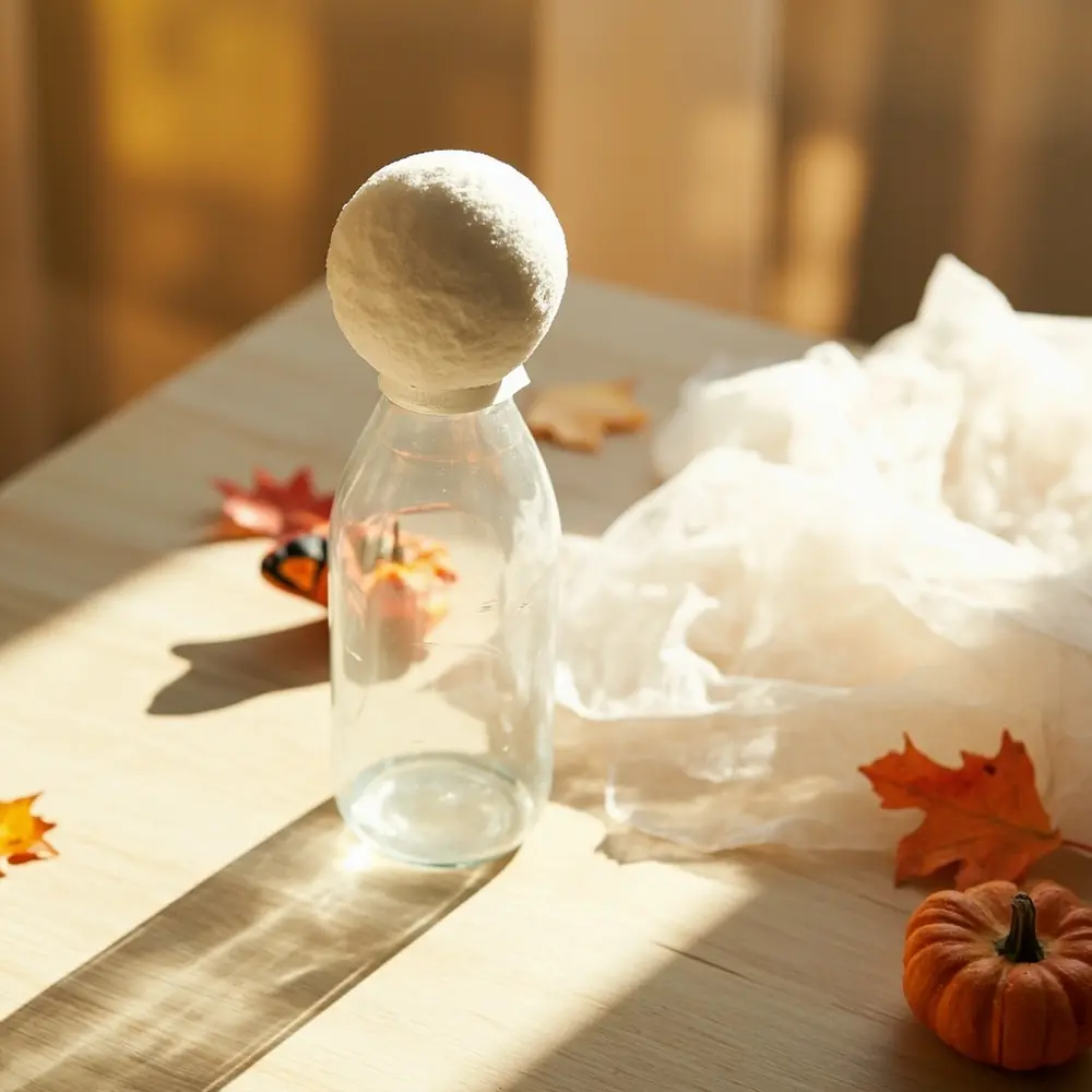 DIY Haunted House Decor: How to Make Spooky Silhouettes and Ghosts 5 Image-5: A photo of the ghost-making setup: a Styrofoam ball perched on top of a soda bottle, with a piece of white cheesecloth next to it.