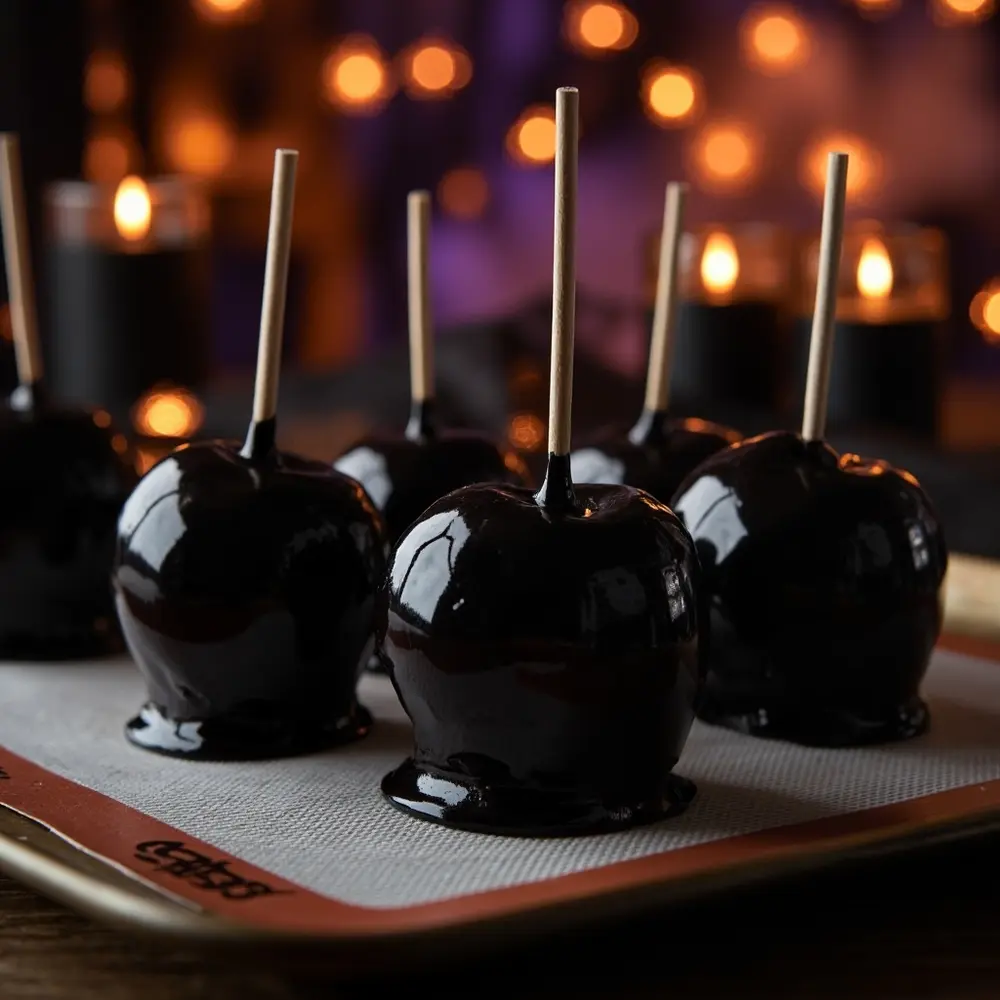 How to Make 'Poison' Candy Apples (with a Dark Caramel Drizzle) 5 Image-5: The freshly dipped, glossy black candy apples standing in a row on the silicone mat, hardening.
