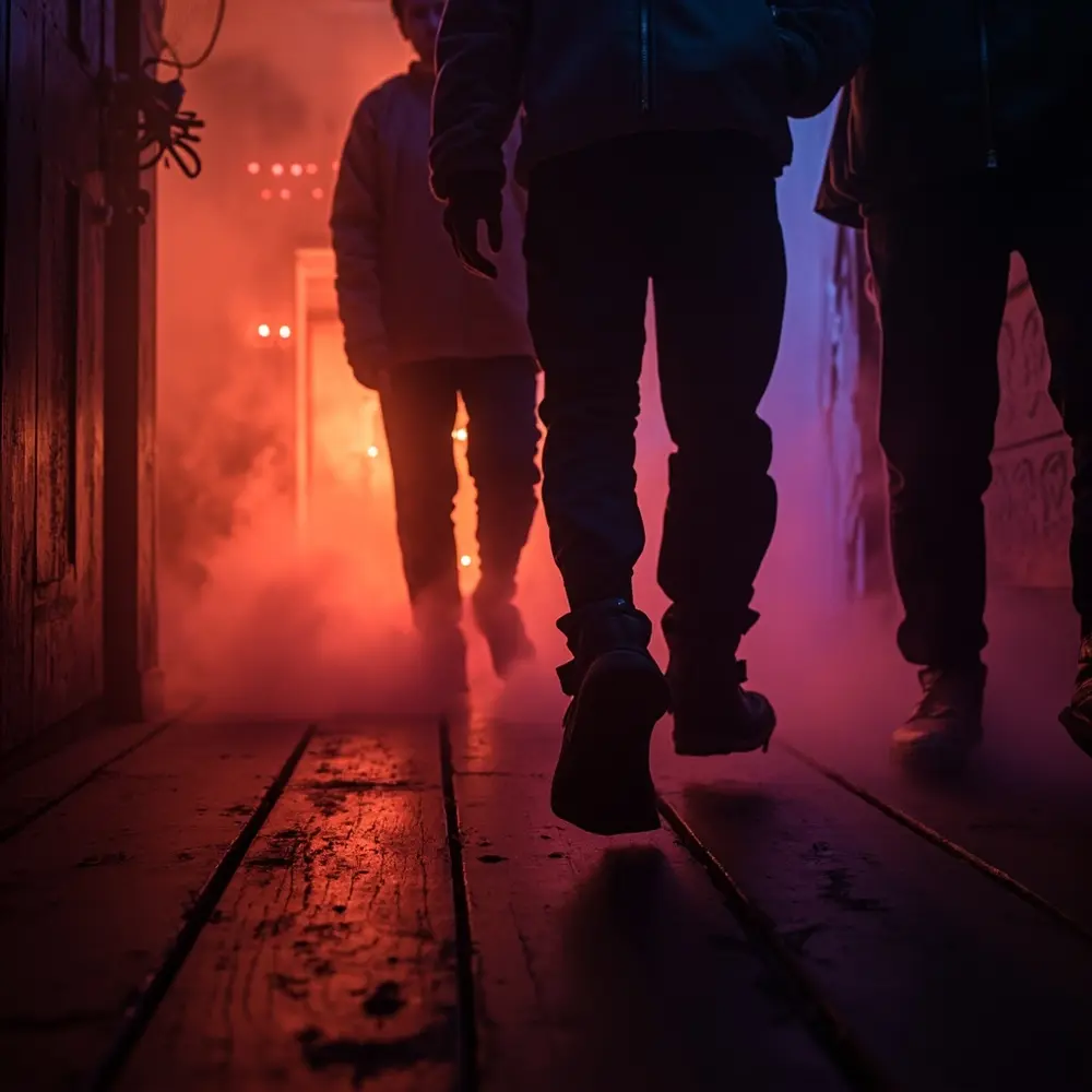 A Guide to Visiting a Local Haunted House Tour Safely 5 Atmospheric the showing fog house legs group a angle and an h3 corridor of haunted in cautiously image feet shot 5 lit dimly walking from low filled down