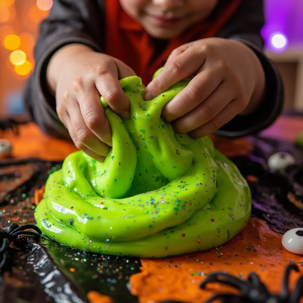 How to Make Eerie (but Fun!) DIY Monster Slime 5 Pair hands slime the up bright tabletop a ball green close on h3 of image shot 5 strong protected kneading glittery