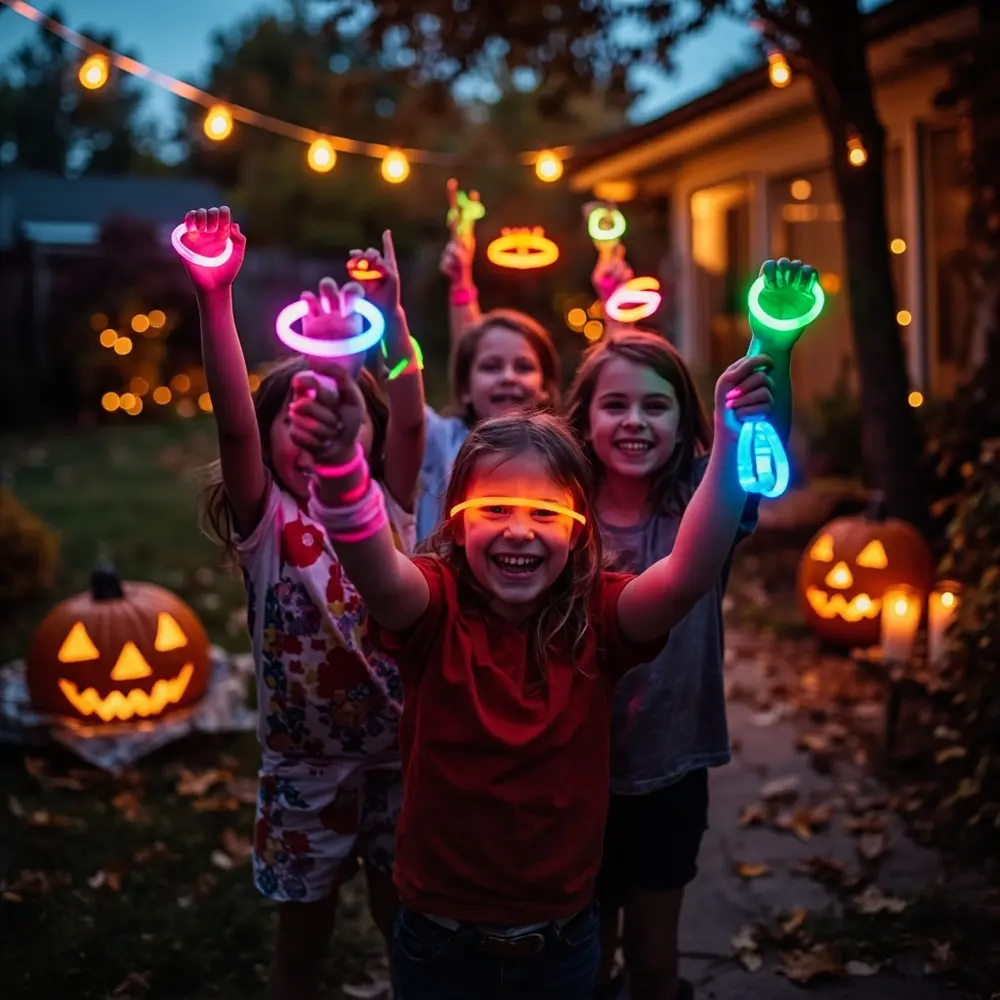 How to Set Up an Epic Glow Stick Hide and Seek Game 5 Image-5: A line of smiling kids holding up their arms to show off their brightly glowing bracelets in the evening light.