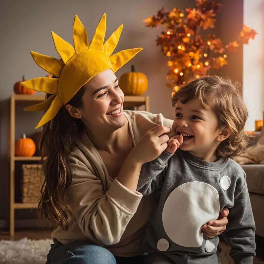 How to Create and Coordinate Mother-Child Matching DIY Costumes 5 While mother the head sweatshirt living one adjusting costumes bright her nearly pointing moon mom a child on and h3 is of their in headband at giggling photo room image ray finished craters sun 5 strong cheerful wearing trying