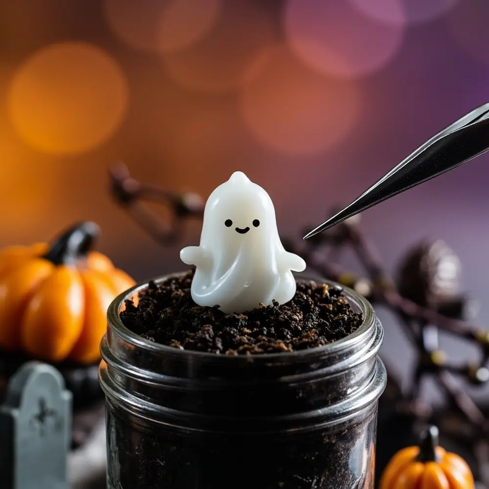 How to Create a Spooky Halloween Terrarium in a Jar 5 Image-5: A close-up action shot showing a pair of long tweezers carefully lowering a miniature ghost figurine into the terrarium.