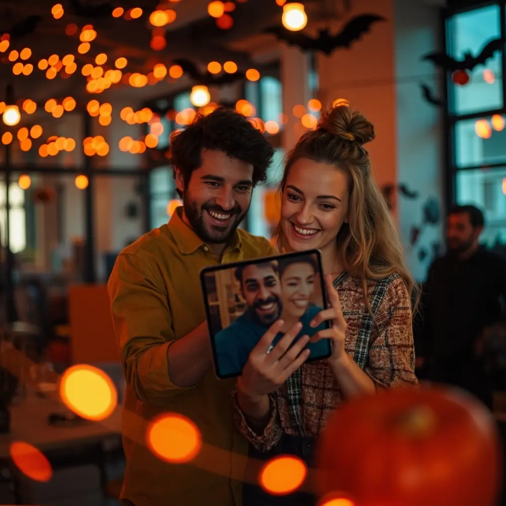 How to Plan a Spooktacular Office Halloween Party (Virtual & In-Person Ideas) 5 Colleague the they showing hybrid camera holding remote demonstrating pointing screen a tablet something off on and an during h3 interaction party in at image seamless are 5 both employee laughing person