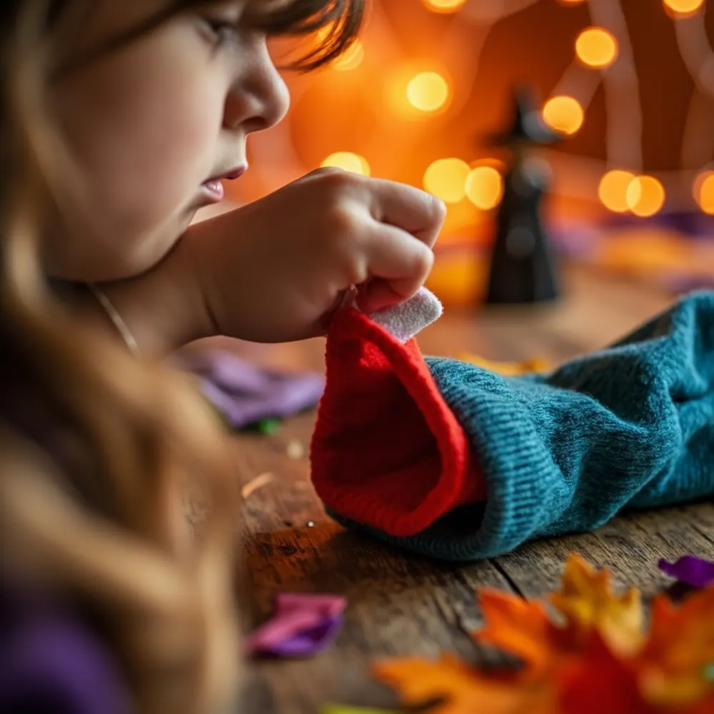 A Step-by-Step Guide to Making Adorable Monster Sock Puppets 5 Image-5: A photo showing a red felt oval being glued inside the sock’s toe fold, creating the puppet’s mouth opening. A little pink felt tongue is ready to be glued on next.