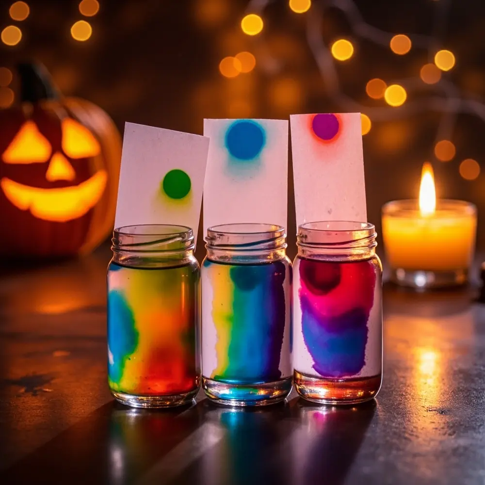 How to Explore Candy Color Chromatography with Halloween Candy 5 Visibly the style lapse blue hints showing up has strips colors a purple green beginning separated red and h3 to into is of yellow image show time 5 strong spot bands partway