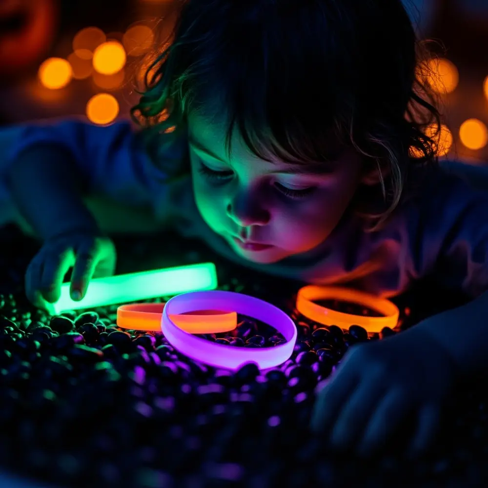 How to Create a Glow-in-the-Dark Sensory Bin 6 Against toddler small brightly hands the which glowing focusing s dark reaching neon a greens on and purples h3 into is with photo image 5 strong lit sensory filler dimly bin oranges 8217