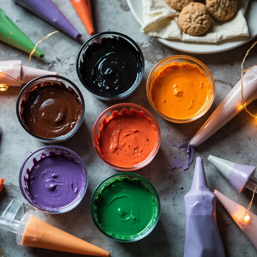 A Guide to Decorating Halloween Themed Sugar Cookies 5 Image-5: A top-down view of several small bowls filled with brightly colored royal icing in orange, black, purple, and green. Piping bags and squeeze bottles are filled and ready next to them.