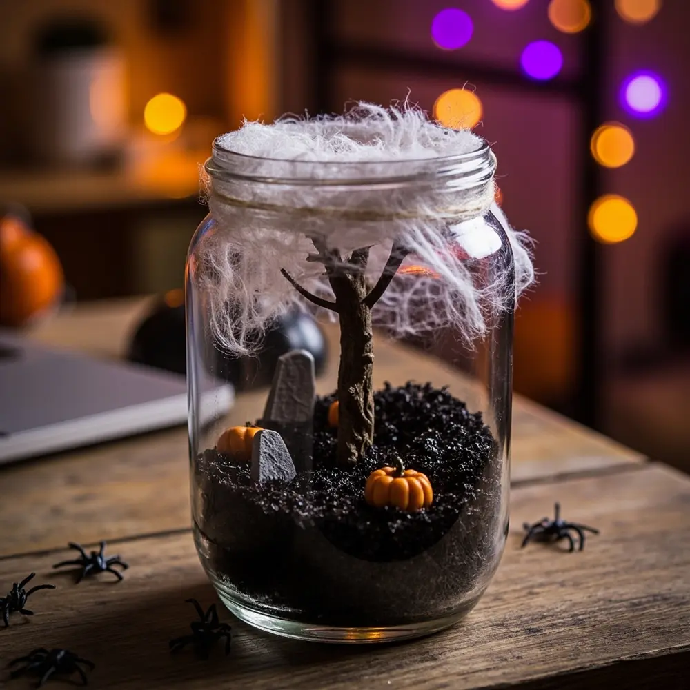 How to Create a Spooky Halloween Terrarium in a Jar 6 Image-6: A detailed photo showing the terrarium almost finished, with a hand adding a final detail like a tiny spider or a wisp of cobweb.