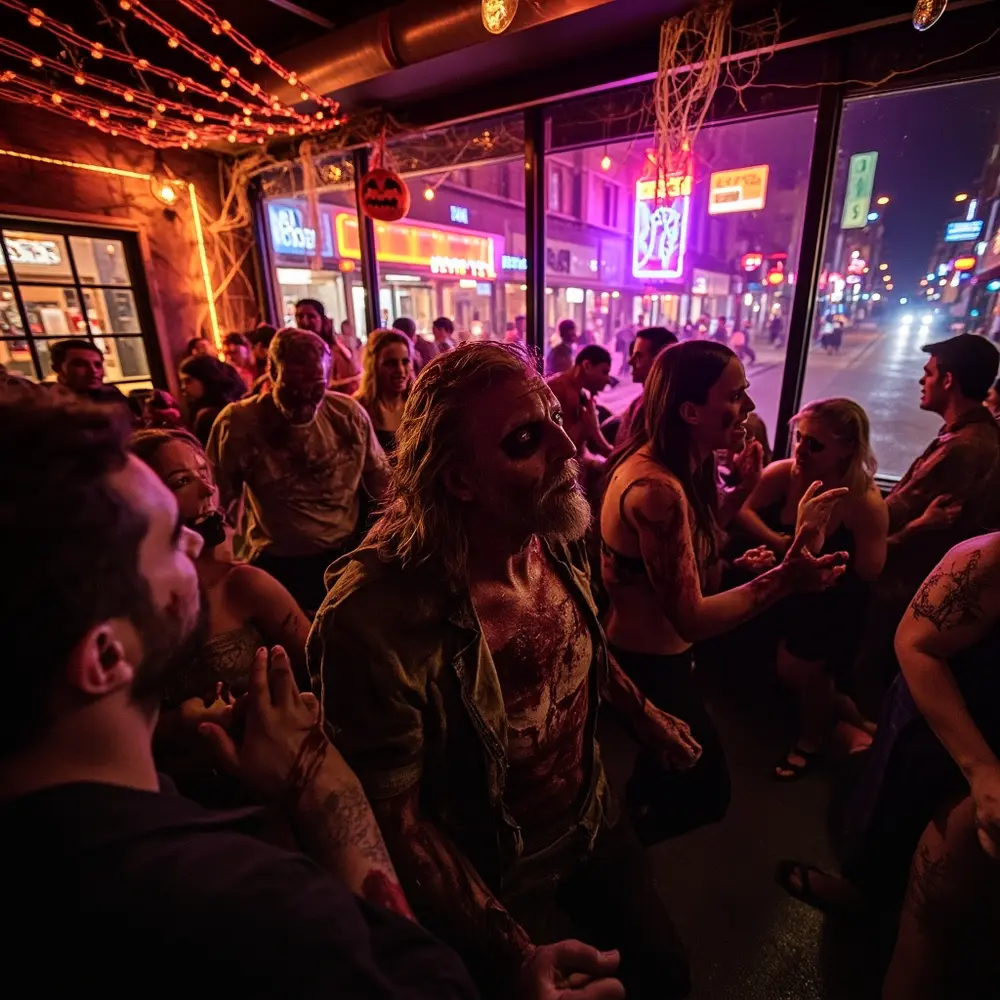 Li creative bar the themed costumes enjoying themselves a lively crawl adults during of in at photo image 6 strong zombie