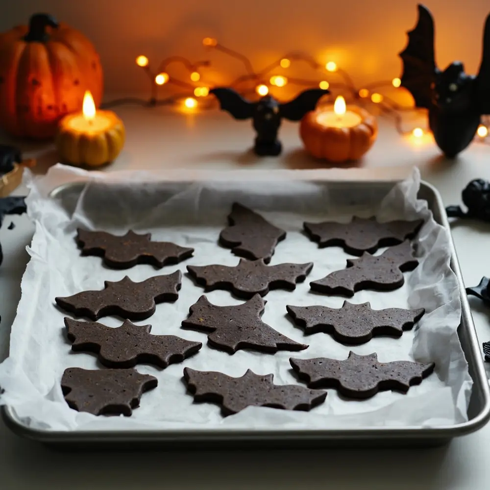 Recipe: Spiced Chocolate Bat Cookies for a Spooky Treat 6 Image-6: A photo of a baking sheet filled with unbaked chocolate bat cookies, ready to be placed in the oven.