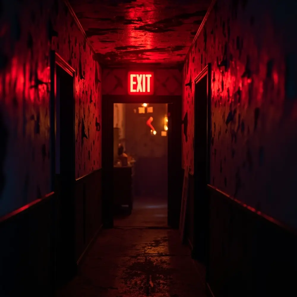 A Guide to Visiting a Local Haunted House Tour Safely 6 Presence brightly the glowing clear themed dark hallway exit safety routes spooky sign a 8221 8220 red above h3 of image shot 6 lit inside emphasizing doorway