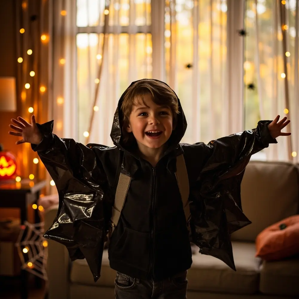 A Parent's Guide to Making DIY Bat Wings and Masks 6 Image-6: A photo of a child from behind, happily wearing the wings with their arms outstretched to show how they look in action.