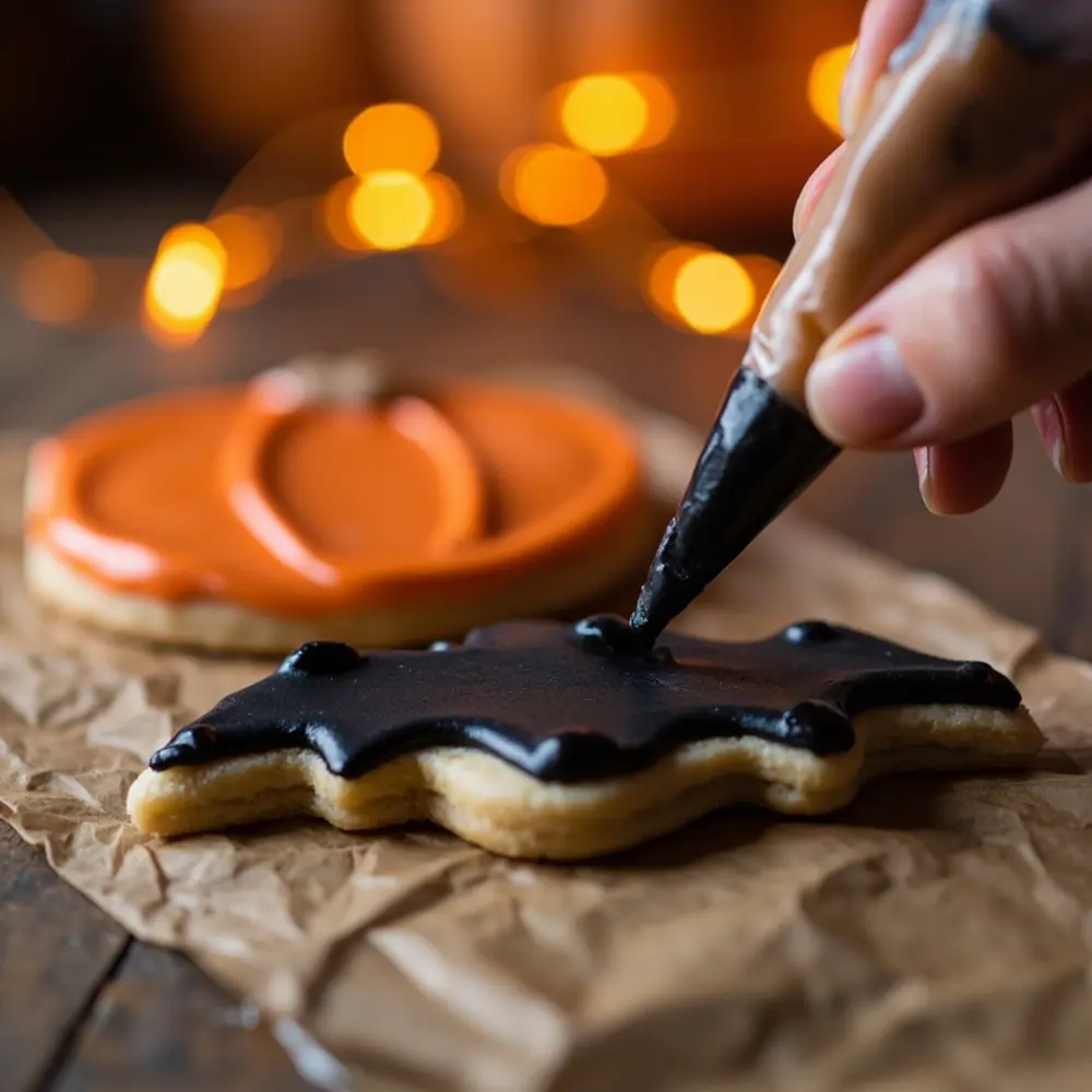 A Guide to Decorating Halloween Themed Sugar Cookies 6 Image-6: A close-up action shot of a hand piping a clean black outline on a bat-shaped cookie. In the background, another pumpkin-shaped cookie is being filled with orange flood icing.