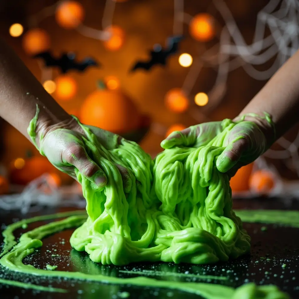 How to Make Creepy, Stretchy Zombie Fluffy Slime 6 Pair hands the slime actively up its work demonstrating clean a surface green close texture on h3 stretchy of photo image 6 strong kneading pliable