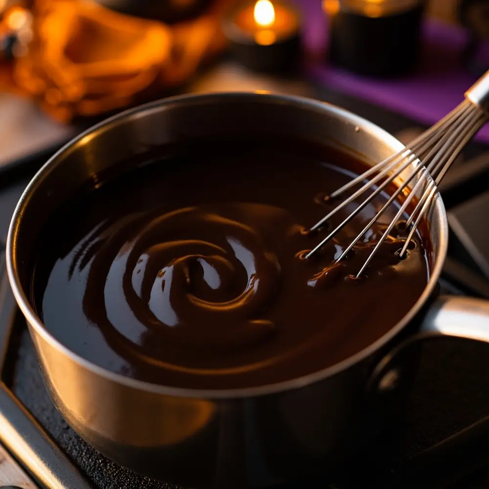 How to Make 'Poison' Candy Apples (with a Dark Caramel Drizzle) 6 Image-6: A close-up of the dark caramel being whisked in its saucepan. The texture looks rich, smooth, and glossy.