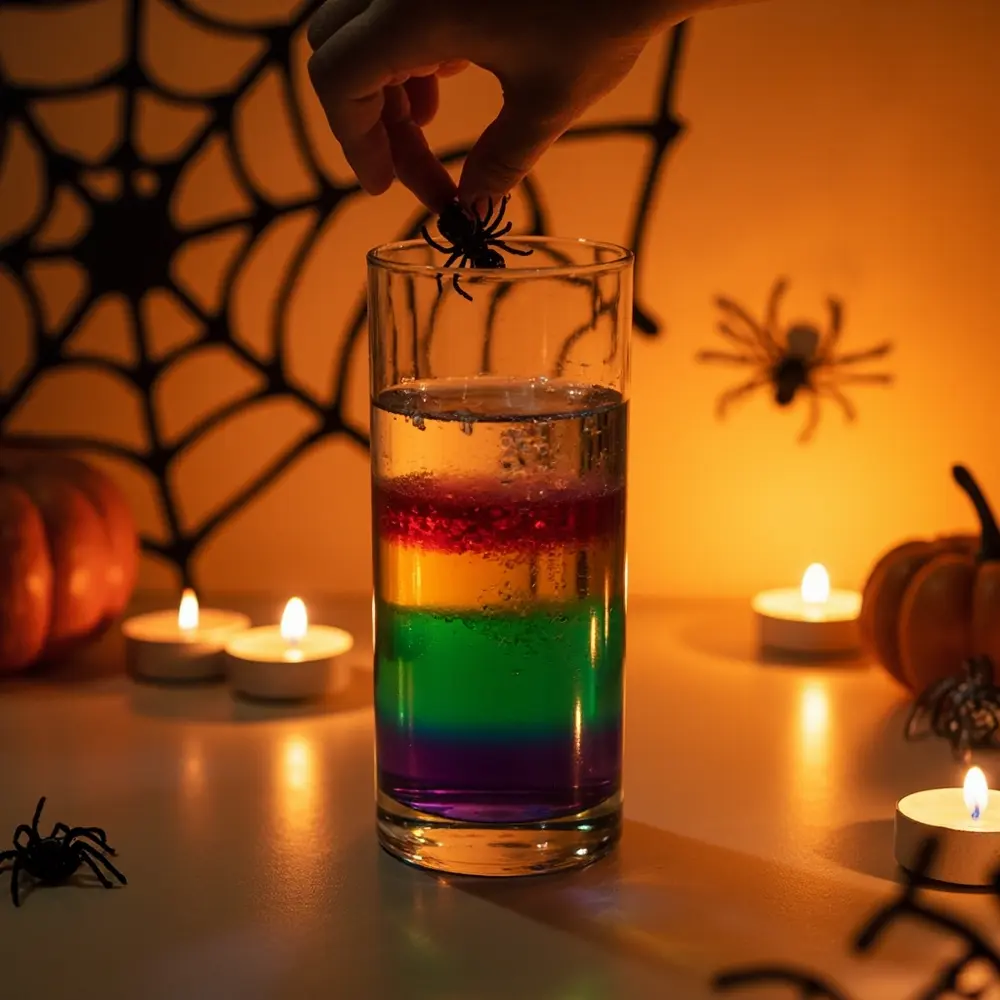 The Density Tower Potion: Layering Liquids for a Spooky Effect 6 Small the plastic up top spider completed a close gently h3 into of tower dropping hand image multi 6 strong layered black liquid