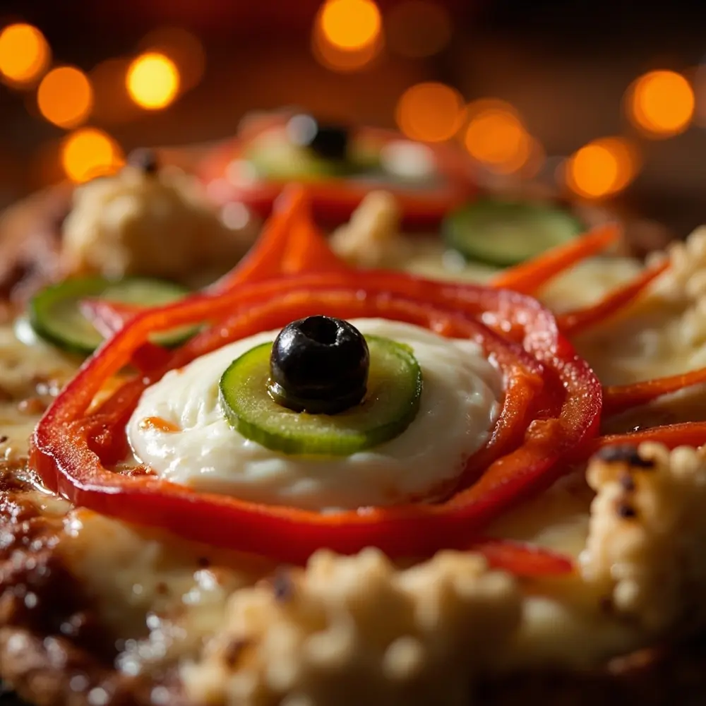 Recipe: How to Make Creepy Monster Eye Pizza 6 Large showing up focusing one strips look a red close around on eye h3 monster it to bloodshot veins like image shot 6 thin placed detailed pepper bell being