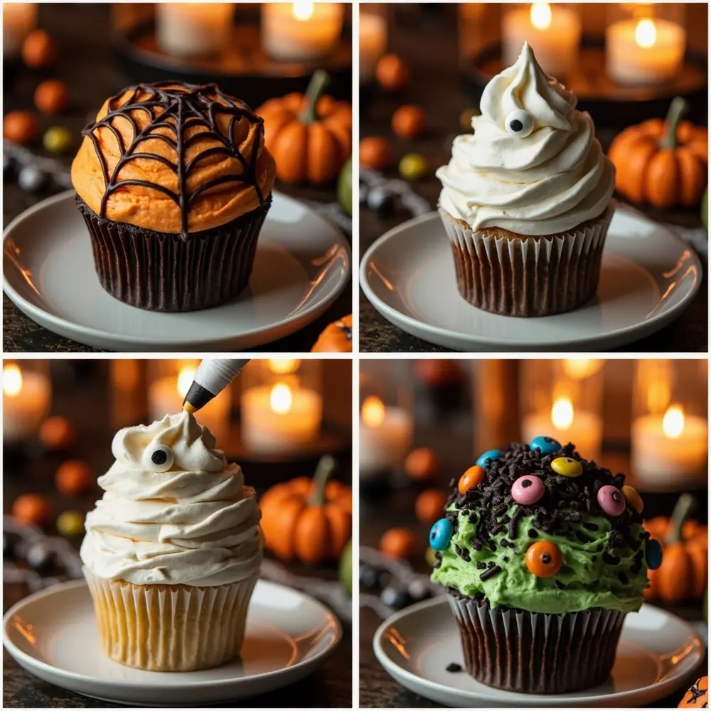 Recipe: How to Bake and Decorate Spooky Halloween Cupcakes 6 Image-6: A photo collage showcasing four different decorating techniques: a spiderweb being drawn with a toothpick, candy eyes being placed on a ghost, white frosting strips being piped for a mummy, and sprinkles being added to a green monster.