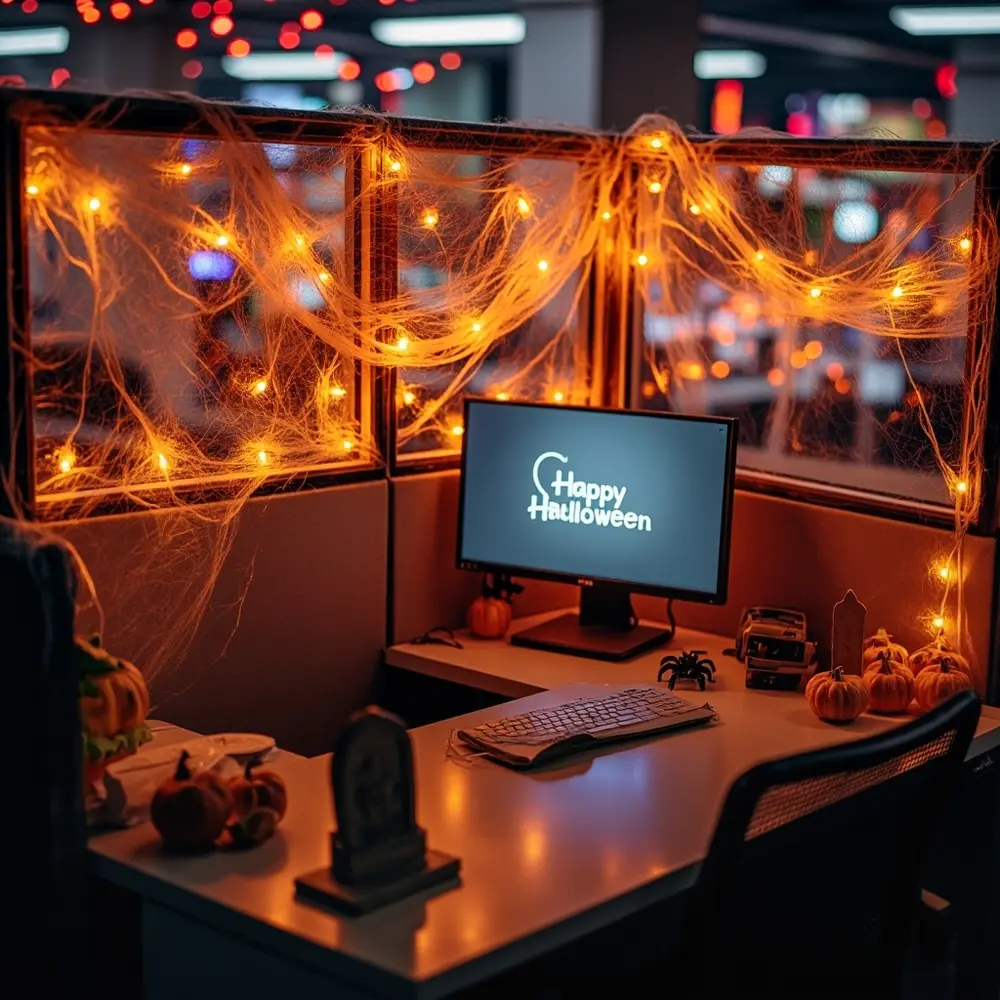 How to Plan a Spooktacular Office Halloween Party (Virtual & In-Person Ideas) 6 Orange happy computer brightly the office transformed halloween has tombstones a 8221 8220 and fake h3 cobwebs with monitor cardboard image 6 lit cubicle screensaver lights