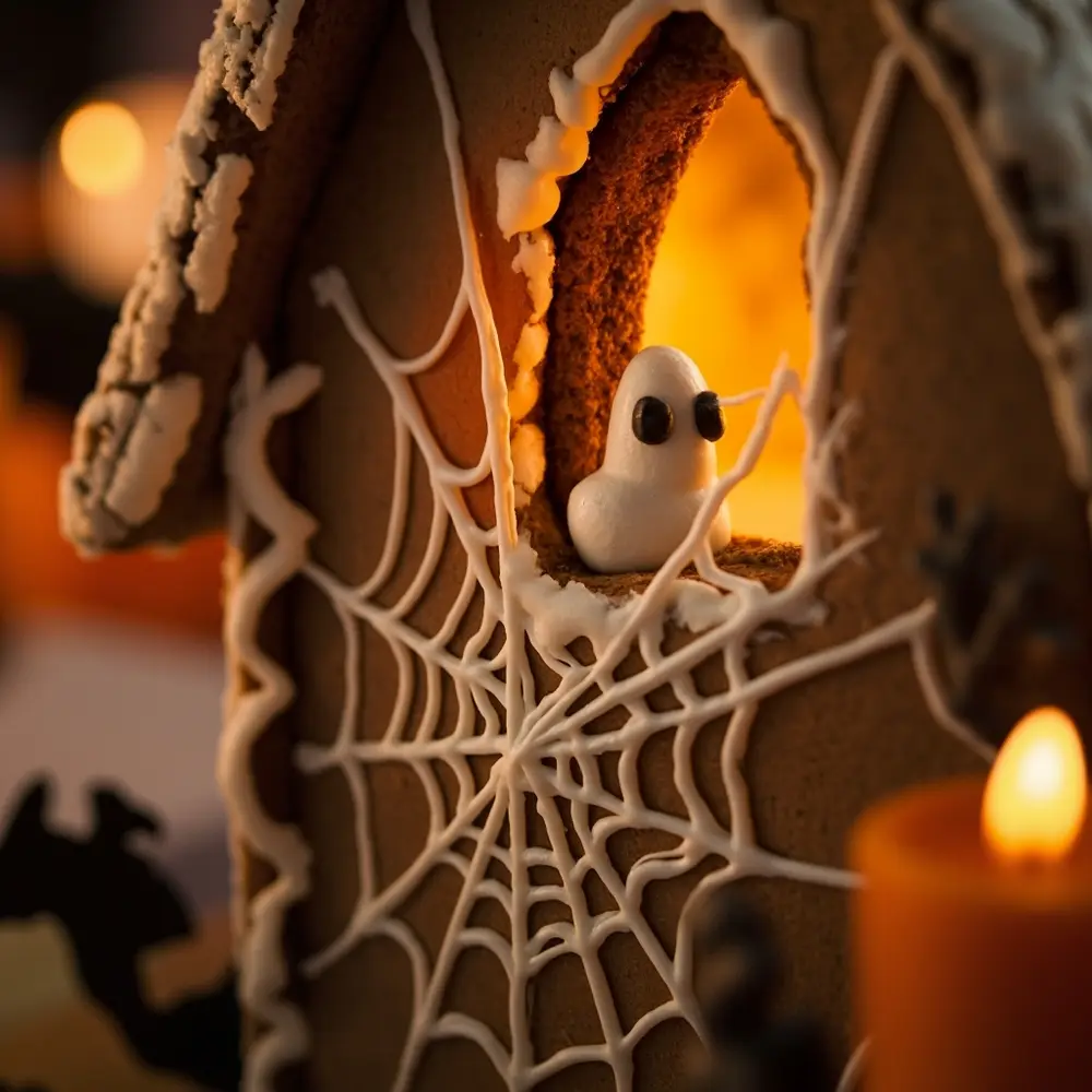 Recipe: How to Build Creepy-Cute DIY Haunted Gingerbread Houses 6 Image-6: A close-up shot focusing on intricate decorating, like a piped icing spiderweb in a corner and a marshmallow ghost peeking out of a window.