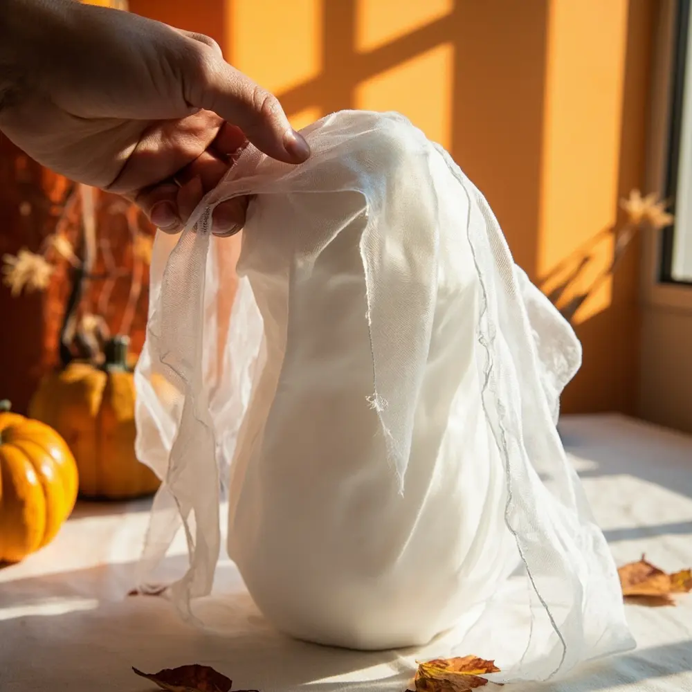 DIY Haunted House Decor: How to Make Spooky Silhouettes and Ghosts 6 Image-6: A shot of a hand arranging the stiffener-soaked fabric over the head form, creating dramatic, flowing shapes at the bottom.