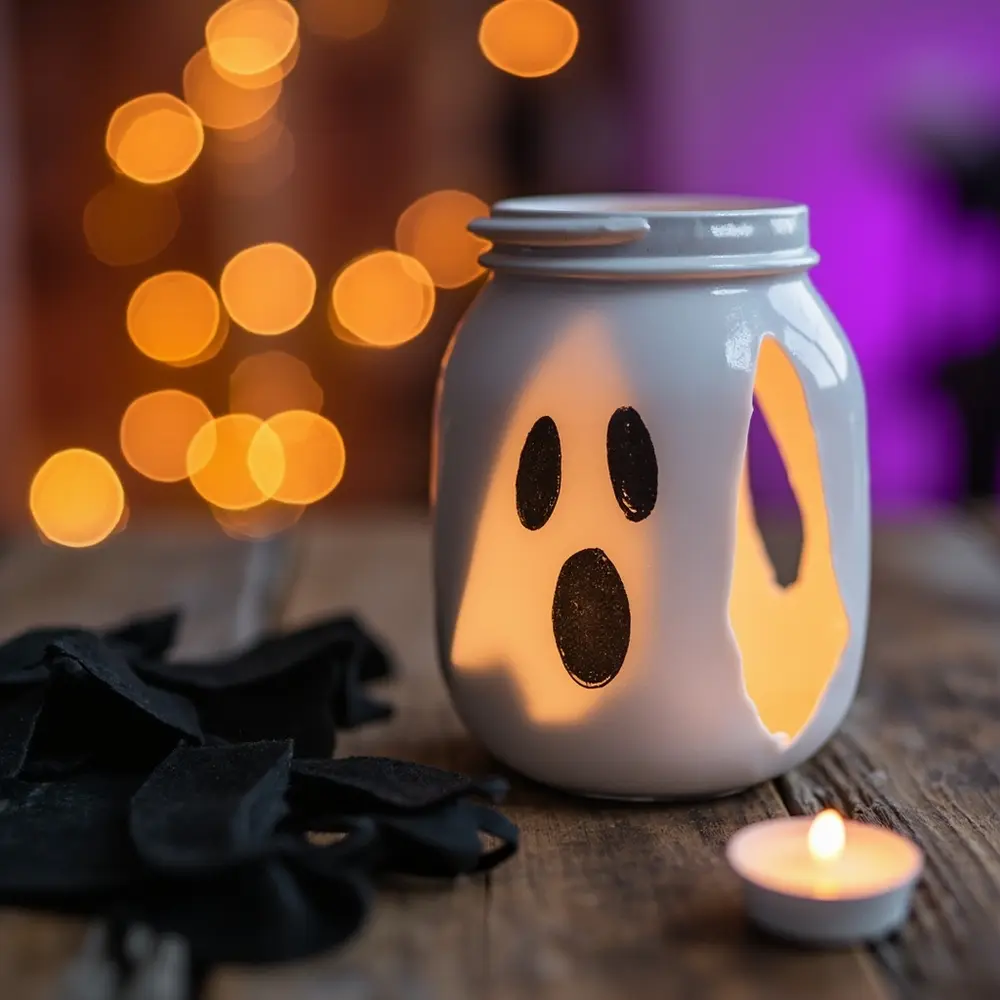Eco-Friendly Fun: Creating Upcycled Halloween Decor from Cans and Jars 5 Image-6: A close-up of a white-painted jar with a classic ghost face (two oval eyes, one open mouth) being drawn on with a black permanent marker.