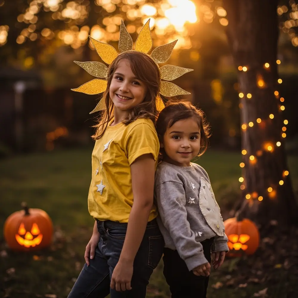 How to Create and Coordinate Mother-Child Matching DIY Costumes 6 Mother standing the they smiling beautiful effect dusk camera look out complete costumes magical moon vibrant a child zoomed yard and h3 to of in their back at coordinated image slightly finished 6 shot sun strong are showcasing perfectly final